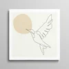 Tableau minimaliste oiseau en vol dessiné au trait noir avec cercle beige sur fond crème, style line art scandinave