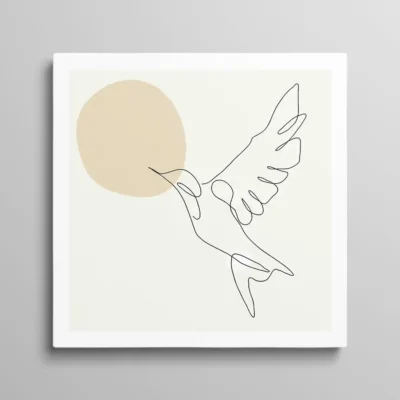 dessin oiseau minimaliste Tableau minimaliste oiseau en vol dessiné au trait noir avec cercle beige sur fond crème, style line art scandinave