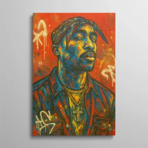 tableau 2pac Tableau street art portrait de 2Pac Tupac Shakur aux couleurs vives bleu orange et rouge avec graffitis