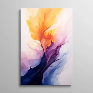 Tableau abstrait aquarelle aux couleurs dégradées jaune orange violet et bleu, peinture fluide moderne