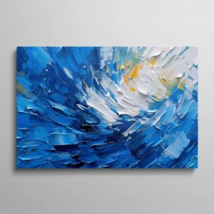 Tableau abstrait bleu et blanc texturé au couteau avec touches dorées, peinture moderne effet vague