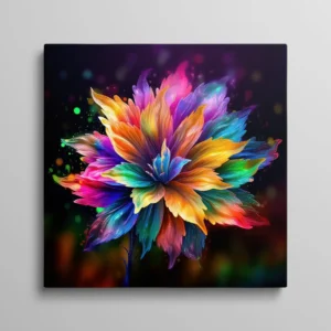 Tableau fleur abstraite multicolore aux pétales arc-en-ciel sur fond noir, art moderne coloré