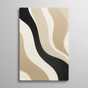 Tableau abstrait minimaliste aux lignes ondulées beige noir et crème, style scandinave moderne
