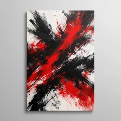 tableau abstrait noir et rouge Tableau abstrait expressionniste noir rouge et blanc avec coups de pinceau dynamiques, art contemporain