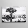 Tableau paysage africain noir et blanc avec acacia, cases traditionnelles et animaux de la savane au bord de l'eau