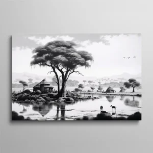 Tableau paysage africain noir et blanc avec acacia, cases traditionnelles et animaux de la savane au bord de l'eau