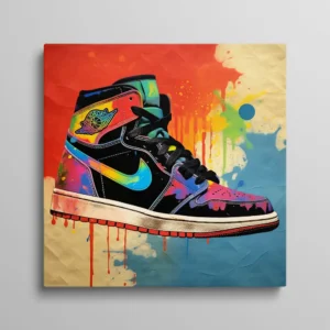 Tableau street art sneaker Air Jordan 1 multicolore avec éclaboussures de peinture colorées