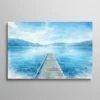 Tableau aquarelle paysage ponton en bois sur lac bleu turquoise avec montagnes en arrière-plan, ambiance zen
