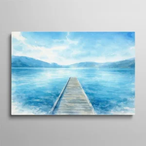 Tableau aquarelle paysage ponton en bois sur lac bleu turquoise avec montagnes en arrière-plan, ambiance zen