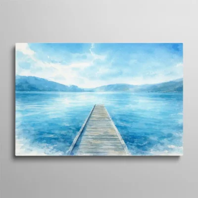 tableau aquarelle bleu Tableau aquarelle paysage ponton en bois sur lac bleu turquoise avec montagnes en arrière-plan, ambiance zen