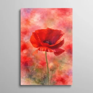 Tableau aquarelle coquelicot rouge sur fond pastel rose et mauve, peinture florale romantique