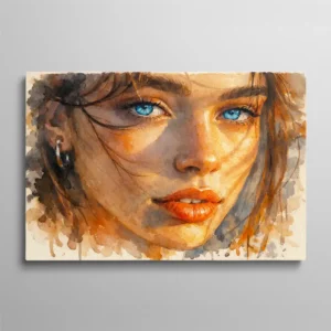 Tableau portrait de femme aux yeux bleus peint à l'aquarelle aux tons ocre et sépia, art figuratif