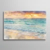 Tableau aquarelle coucher de soleil sur la mer avec vagues turquoise et plage dorée, paysage marin
