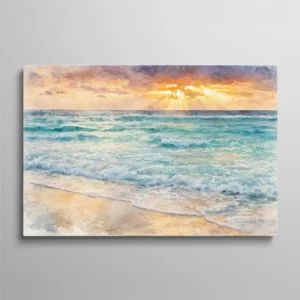 Tableau aquarelle coucher de soleil sur la mer avec vagues turquoise et plage dorée, paysage marin