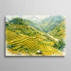 Tableau aquarelle rizières en terrasses vertes et dorées dans les montagnes asiatiques, paysage nature