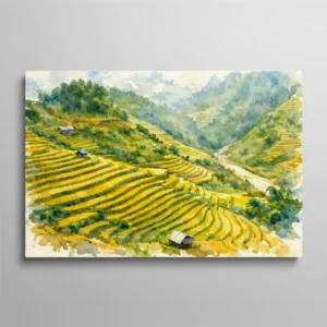 Tableau aquarelle rizières en terrasses vertes et dorées dans les montagnes asiatiques, paysage nature