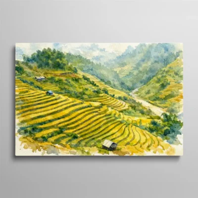 tableau aquarelle paysage Tableau aquarelle rizières en terrasses vertes et dorées dans les montagnes asiatiques, paysage nature