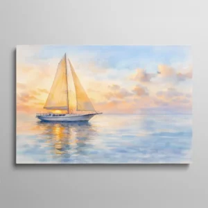 Tableau aquarelle voilier blanc naviguant au coucher du soleil sur mer calme aux reflets dorés