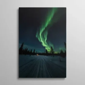 Tableau aurore boréale verte ondulant dans le ciel nocturne au-dessus d'une forêt de sapins enneigée, paysage nordique