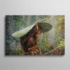 Tableau bébé orang-outan tenant une feuille comme parapluie sous la pluie, peinture animalière