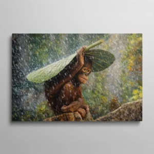 Tableau bébé orang-outan tenant une feuille comme parapluie sous la pluie, peinture animalière