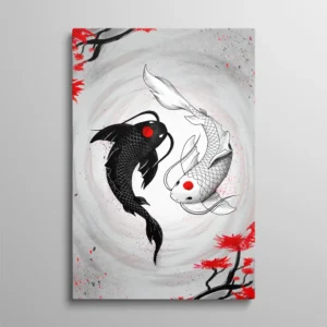 Tableau carpes koï yin yang noir et blanc avec érables rouges style japonais, ambiance zen asiatique