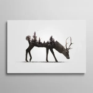 Tableau cerf double exposition avec forêt de sapins intégrée dans sa silhouette, art scandinave minimaliste