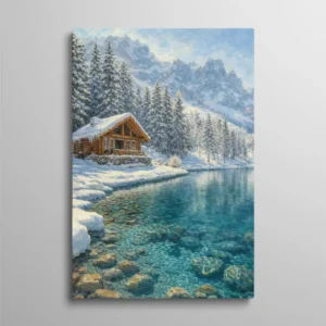 Tableau chalet en bois au bord d'un lac turquoise dans les Alpes enneigées avec sapins, paysage hivernal