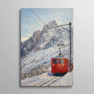 Tableau train rouge du Montenvers à Chamonix traversant les montagnes enneigées du Mont-Blanc