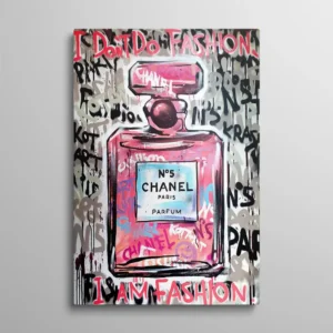 Tableau street art flacon Chanel N°5 rose avec graffitis I Am Fashion, ambiance luxe urbain