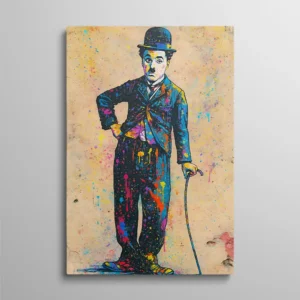 Tableau street art Charlie Chaplin Charlot avec éclaboussures de peinture colorées, style vintage pop art