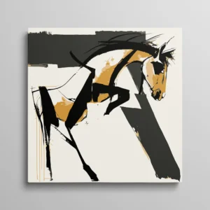 Tableau cheval abstrait aux lignes graphiques noir et ocre style contemporain, art équestre moderne
