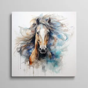 Tableau portrait de cheval peint à l'aquarelle avec crinière au vent aux tons bleu et beige