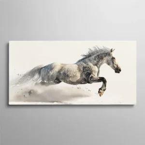 Tableau cheval blanc au galop dans la poussière sur fond minimaliste, peinture équestre dynamique