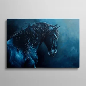 Tableau cheval frison noir majestueux sur fond bleu nuit profond, portrait équestre sombre