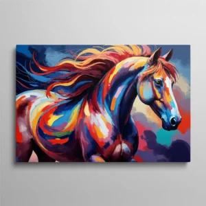 Tableau cheval multicolore aux couleurs vives crinière au vent style expressionniste, art équestre pop art