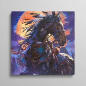 Tableau cheval amérindien avec coiffe de plumes devant lune orange, art western spirituel