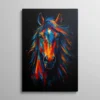 Tableau portrait de cheval pop art aux couleurs vives bleu orange et rouge sur fond noir