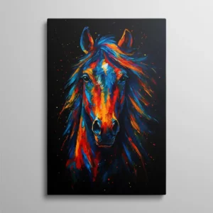 tableau cheval pop art Tableau portrait de cheval pop art aux couleurs vives bleu orange et rouge sur fond noir