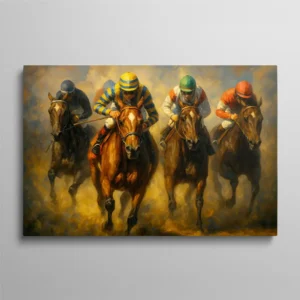 Tableau chevaux de course avec jockeys en pleine compétition style peinture classique