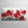 Tableau coquelicots rouges épanouis sur fond gris et blanc, peinture florale panoramique