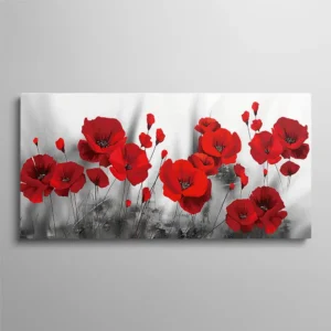 Tableau coquelicots rouges épanouis sur fond gris et blanc, peinture florale panoramique