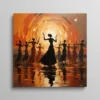 Tableau danse africaine silhouettes de femmes devant soleil couchant aux tons orange, art ethnique