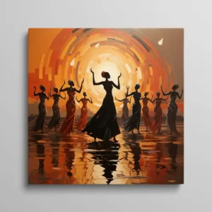 Tableau danse africaine silhouettes de femmes devant soleil couchant aux tons orange, art ethnique