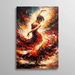 Tableau danseuse flamenco abstraite en robe rouge tourbillonnante style expressionniste, art espagnol