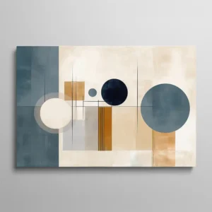 Tableau design moderne géométrique aux formes circulaires bleu beige et ocre, art abstrait Bauhaus