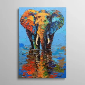 Tableau éléphant abstrait multicolore peint au couteau sur fond bleu, art animalier expressionniste