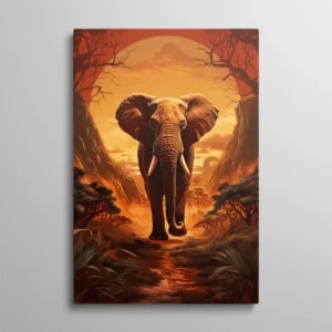 Tableau éléphant design marchant dans savane africaine au coucher du soleil orange, art animalier safari