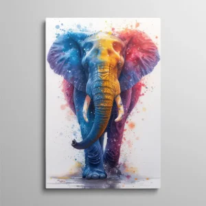 Tableau éléphant multicolore aux éclaboussures de peinture bleu jaune et rouge sur fond blanc, art animalier splash