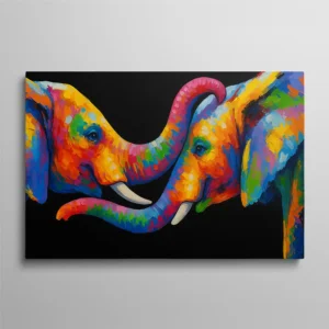 Tableau éléphant pop art duo coloré trompes enlacées sur fond noir, art animalier expressionniste